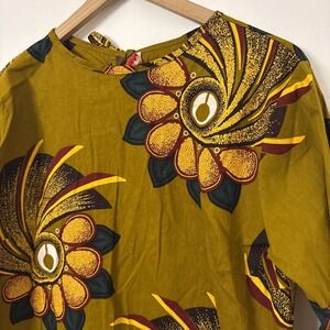 Grass-fields African Wax Print Tunic Dress Womens Mustard Yellow Floral Boho
